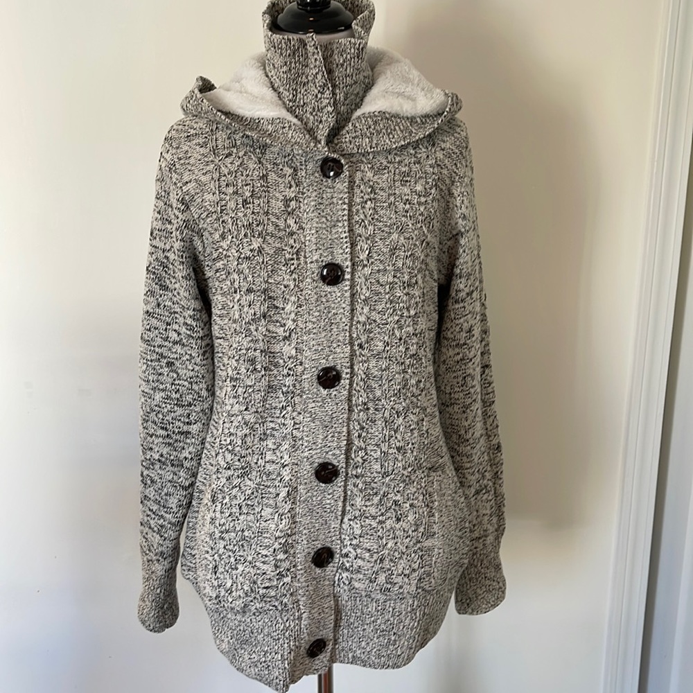 NWOT Sidefeel Women Hooded Knit Cardigans Button Cable Sweater Coat Small Grey